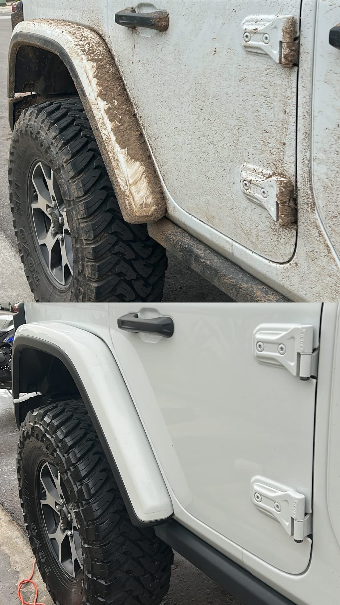 The same Jeep fender and wheel clean after washing