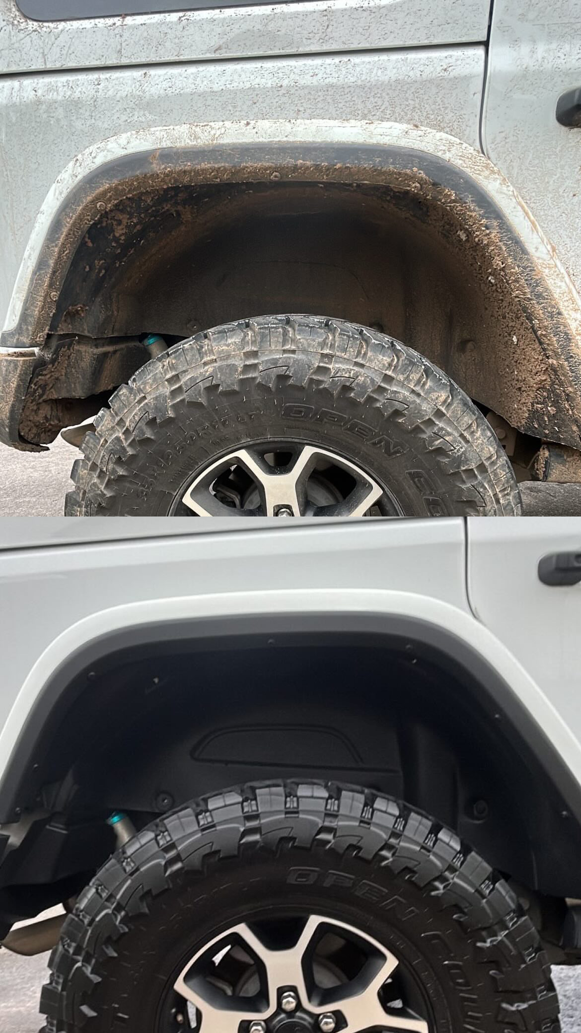 Muddy white Jeep fender and wheel before washing